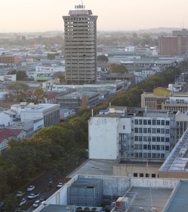 View at dusk across Lusaka CBD, Cairo Road and suburbs, Lusaka, Zambia